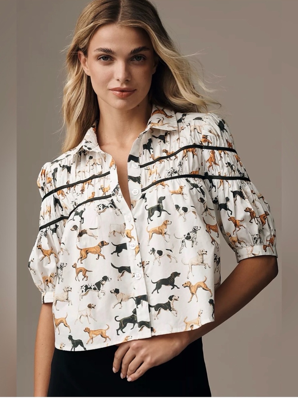 Anthropologie Maeve The Leandra Shirred Yoke Cotton Dog Print Puff
Sleeve Blouse